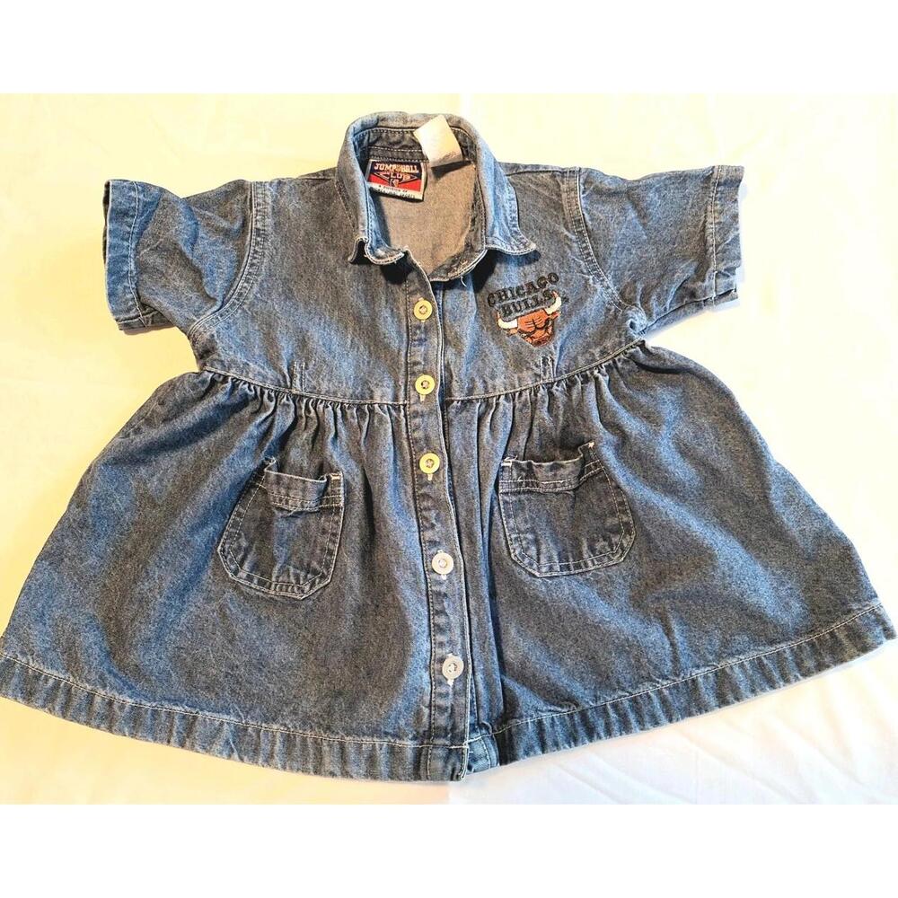 Vtg Chicago Bulls Mighty Mac Jump Ball Club Denim Infant Girls Sz 24 Month Dress